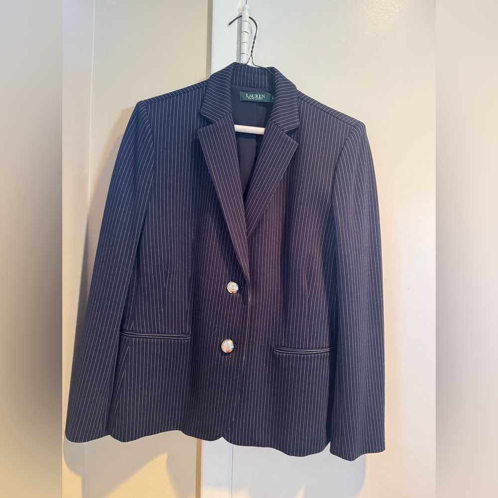 Ralph Lauren navy blue pinstripes women’s blazer, size large, NEW without tags.